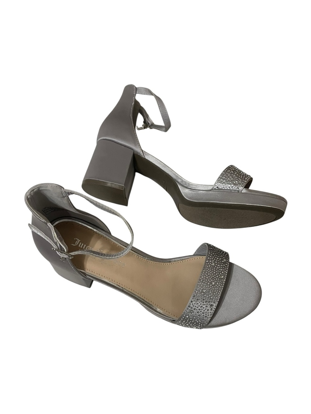 Juicy Couture Nelly Sandals silver rhinestone ankle strap block heel size 10